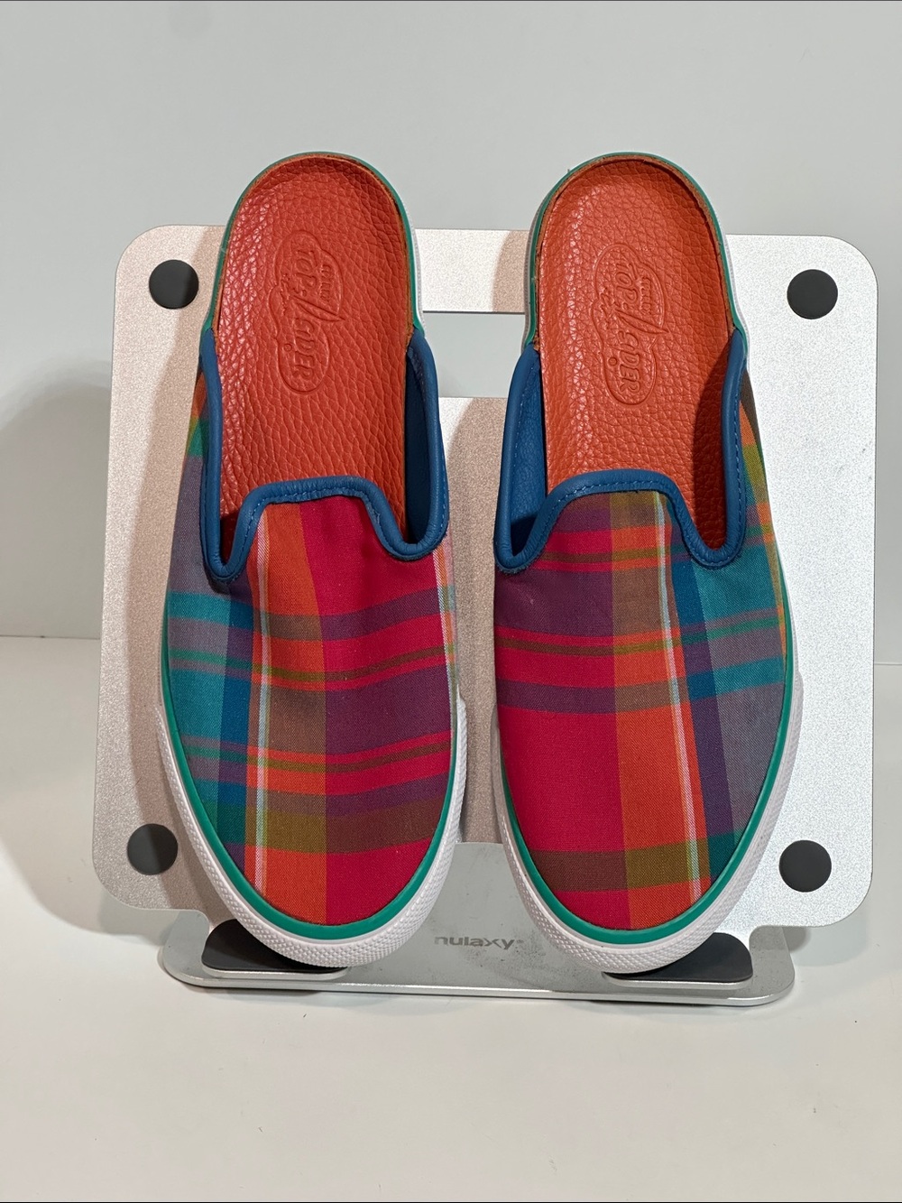 Sperry Top-Sider "Crest Vibe" Mules in a vibrant, multicolor Madras plaid
